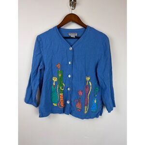 Vintage Stonebridge Cat Top Blouse Medium Blue Linen Button Up Whimsical Artsy